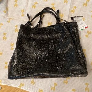 New black tooled leather large satchel bag Italy